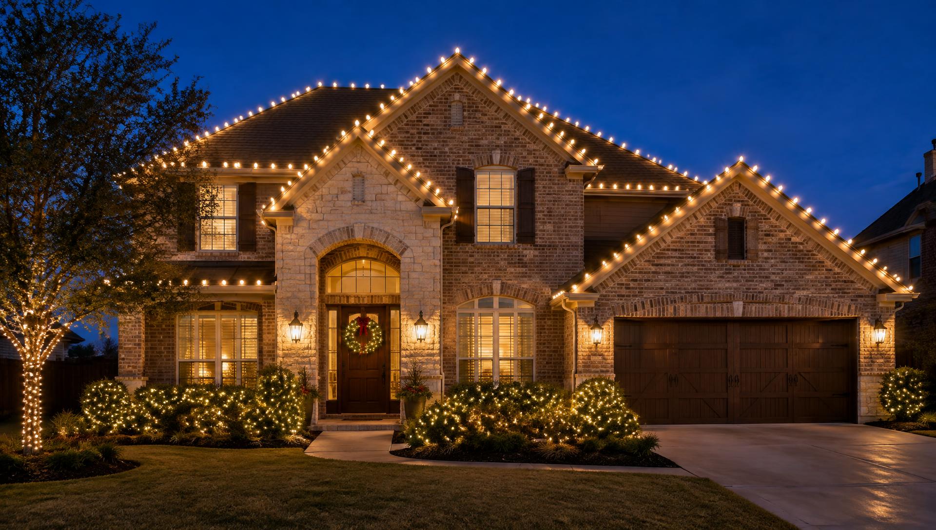 Home decorated with warm white Christmas lights at dusk
